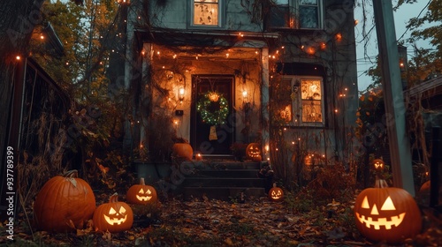 spooky Halloween scene with pumpkins and lights around old house, decorated for holiday
