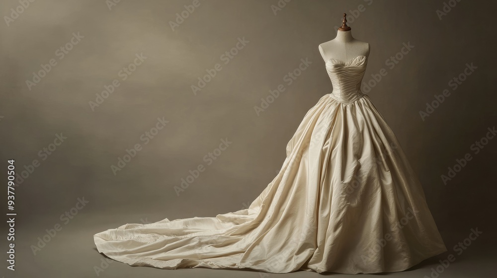 Classic European princess gown, beautifully draped on a mannequin, with room for text on a neutral background. Classic European princess gown, beautifully draped on a mannequin, with room for text on a neutral background.