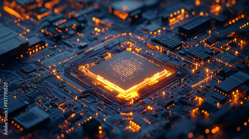 Futuristic AI Chip Illuminating a Vast Digital Network: Symbolizing Nvidia’s Technological Dominance and Strategic Sustainability
