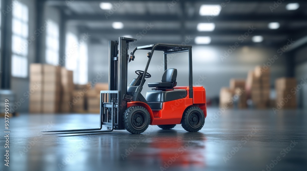 Forklift truck moving boxes in a warehouse with professional lighting, daylight Forklift truck moving boxes in a warehouse with professional lighting, daylight