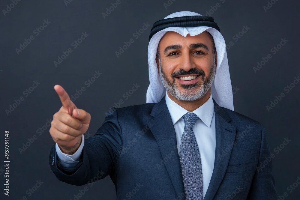 Arab businessman pointing finger to empty space, front view with generative ai Arab businessman pointing finger to empty space, front view with generative ai