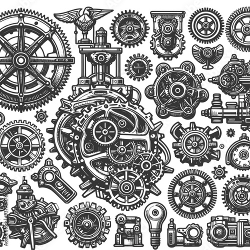 Steampunk Gears set outline vector