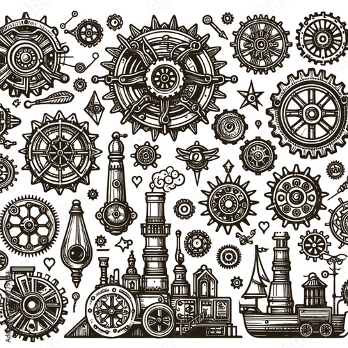 Steampunk Gears set outline vector