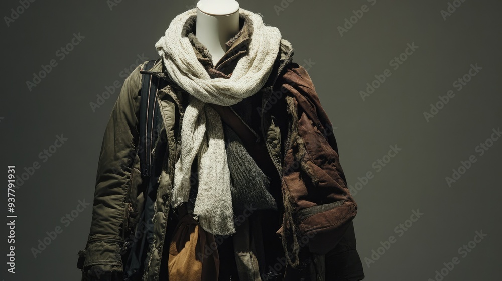 Fototapeta premium European winter outfit with layers, displayed on a mannequin, with ample room for copy on a neutral background.