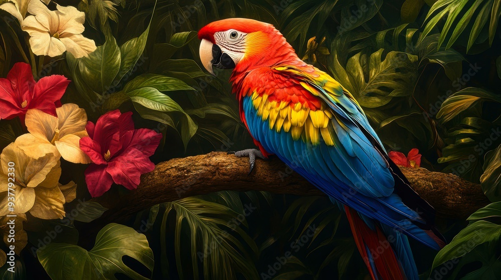 A vibrant macaw perches on a branch surrounded by lush tropical foliage and colorful flowers, perfect for advertising exotic travel destinations, nature documentaries A vibrant macaw perches on a branch surrounded by lush tropical foliage and colorful flowers, perfect for advertising exotic travel destinations, nature documentaries