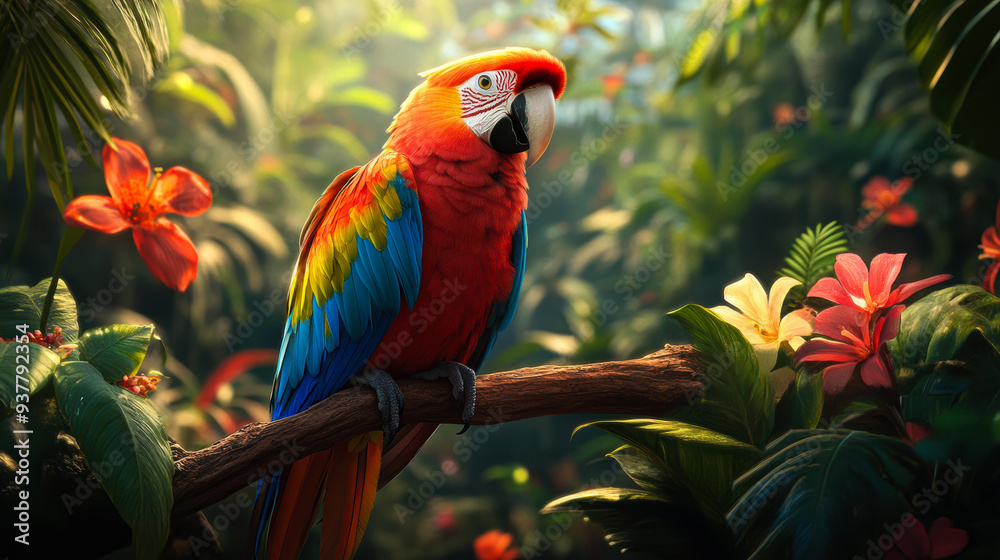 A vibrant macaw perched on a branch in a lush tropical jungle surrounded by colorful flowers, perfect for travel brochures, nature conservation materials, and tropical nature-themed designs, A vibrant macaw perched on a branch in a lush tropical jungle surrounded by colorful flowers, perfect for travel brochures, nature conservation materials, and tropical nature-themed designs,