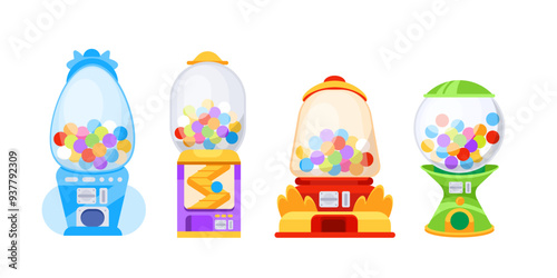 Four colorful gumball vending machines dispensing sweet candy, isolated on white background