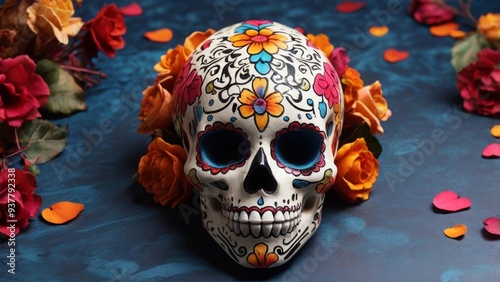 Day of the dead celebration background with colorful sugar skulls and flowers