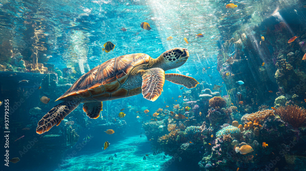 Fototapeta premium A vibrant marine scene featuring a sea turtle swimming among colorful coral reefs and various fish ideal for use in conservation campaigns, educational material, or travel promotions
