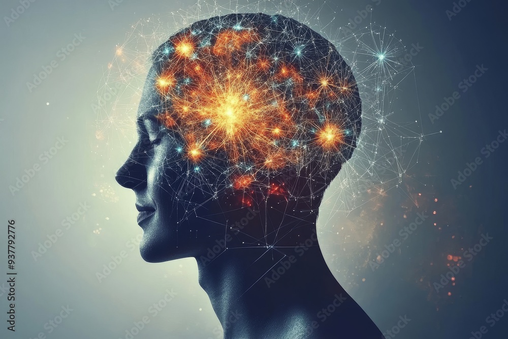 Silhouette of a person with a glowing neural brain symbolizing cognitive power thought processes and the integration of intellect with modern technology Silhouette of a person with a glowing neural brain symbolizing cognitive power thought processes and the integration of intellect with modern technology