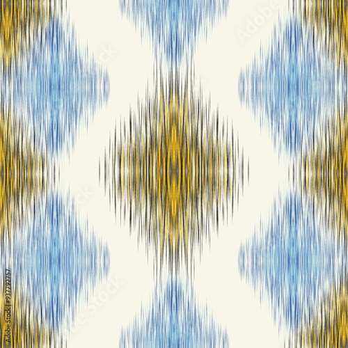 Seamless ikat with significance, geometric pattern, black and yellow, contrasting with blue and white.