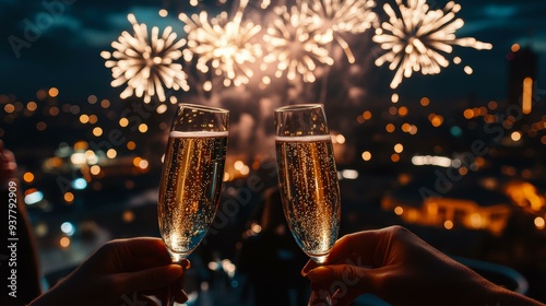 Two hands holding champagne flutes against a backdrop of golden fireworks in a dark sky, capturing a festive celebration ambiance perfect for New Year's Eve, weddings, or celebratory events, photo