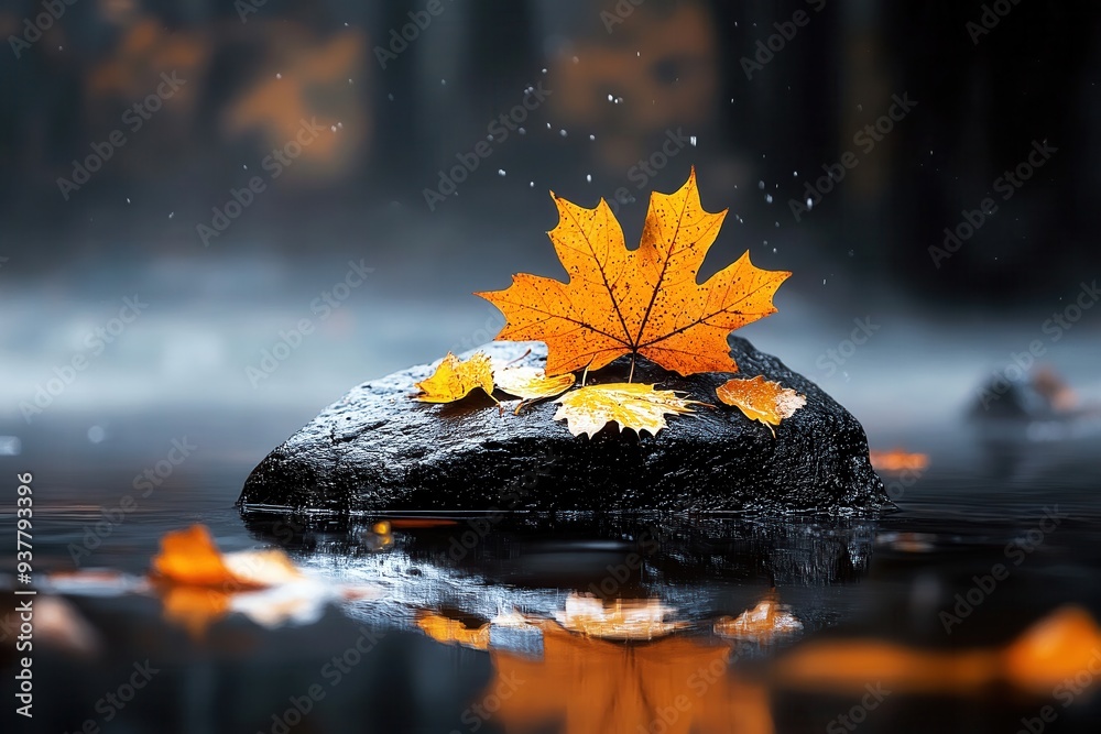 autumn leaves on a stone in the forest autumn leaves on a stone in the forest