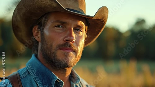 A rugged cowboy stands confidently in a golden field at sunset, capturing the essence of rural life in the heartland