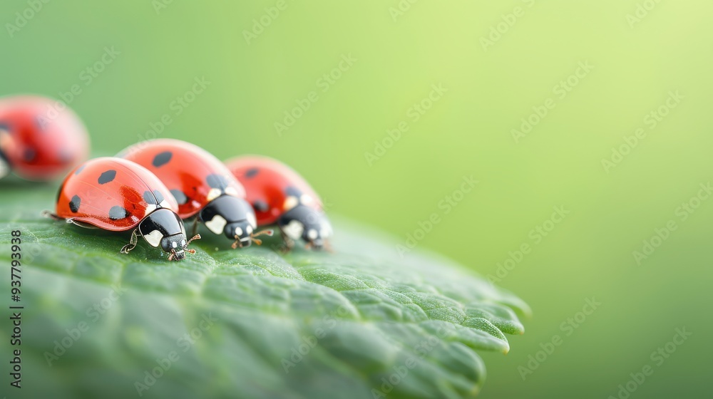 Ladybugs on a Leaf, a close-up scene showcasing vibrant red ladybugs resting on a lush green leaf, set against a soft, blurred background of greenery. Ladybugs on a Leaf, a close-up scene showcasing vibrant red ladybugs resting on a lush green leaf, set against a soft, blurred background of greenery.