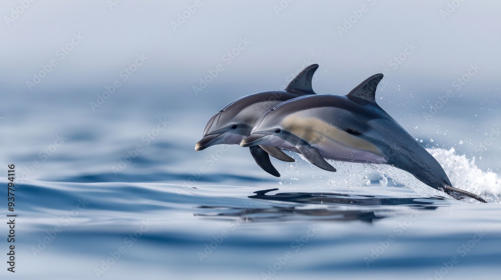 Fototapeta premium Dolphins leaping gracefully above the ocean surface, creating splashes, showcasing vibrant colors and dynamic movement against a tranquil blue backdrop.
