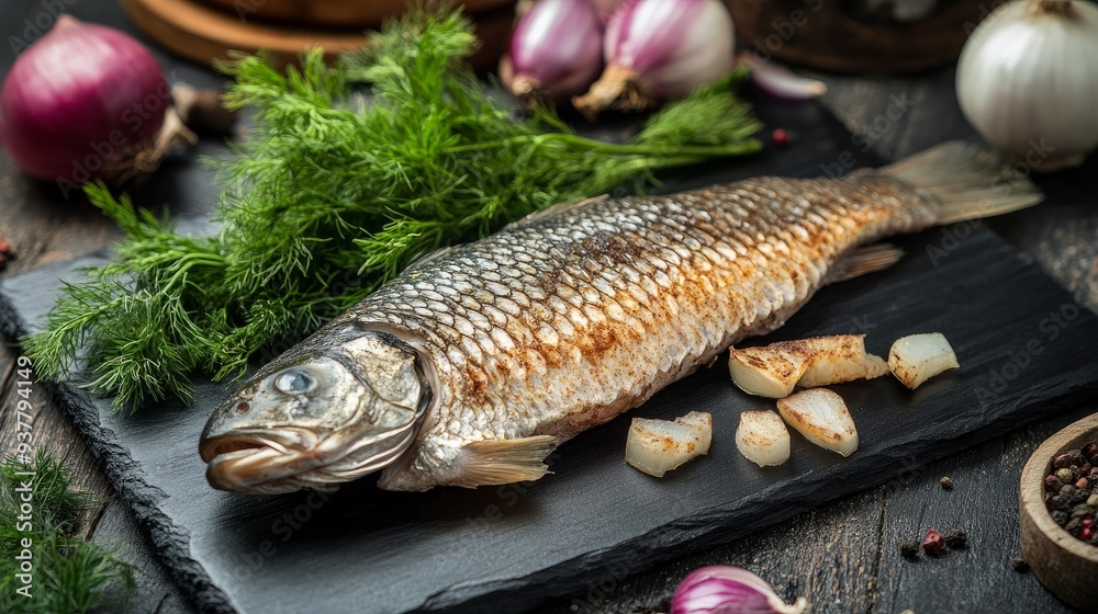 Book of cold-smoked fish, silver carp, greens, and onions on a black board Book of cold-smoked fish, silver carp, greens, and onions on a black board