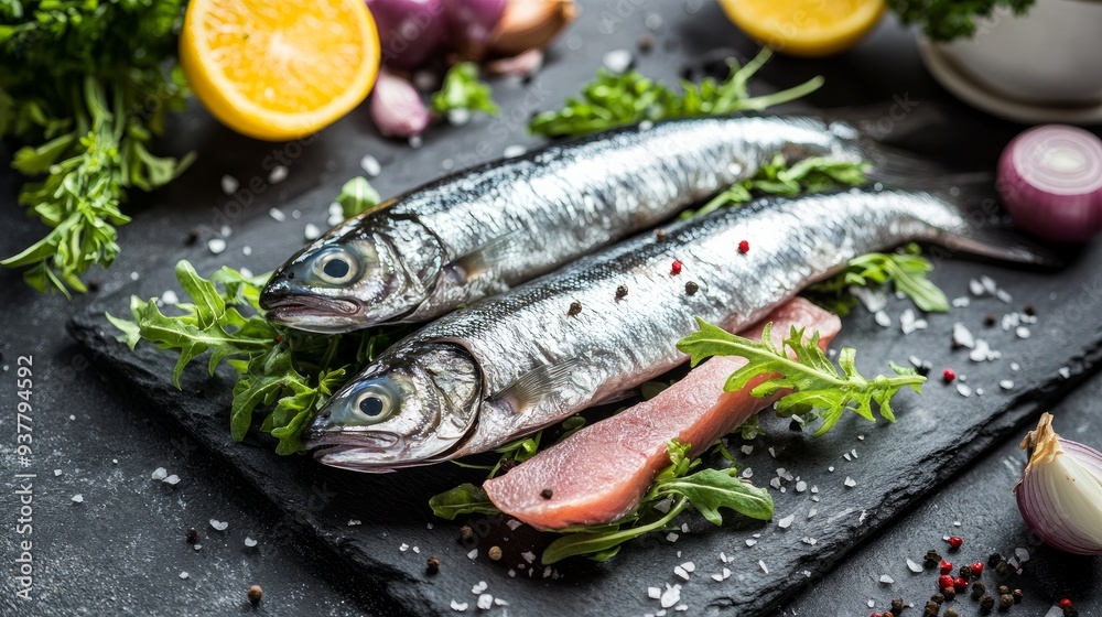 Book of cold-smoked fish, silver carp, greens, and onions on a black board Book of cold-smoked fish, silver carp, greens, and onions on a black board