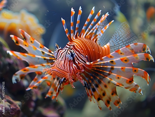 Closeup of Striking Venomous Lionfish Displaying its Spines in Underwater Coral Reef Ecosystem