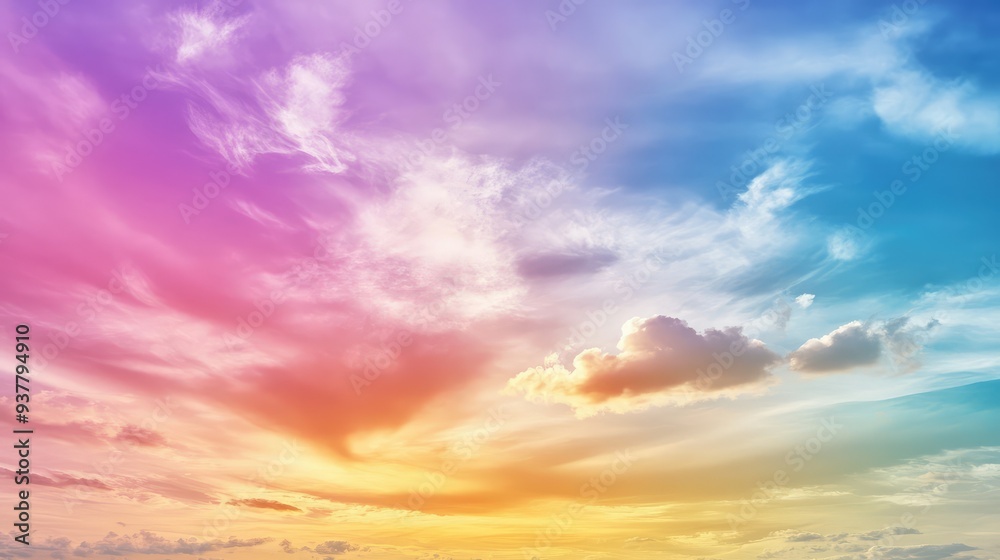 A colorful sky with prismatic clouds showcasing a gradient of hues from sunrise to sunset. A colorful sky with prismatic clouds showcasing a gradient of hues from sunrise to sunset.