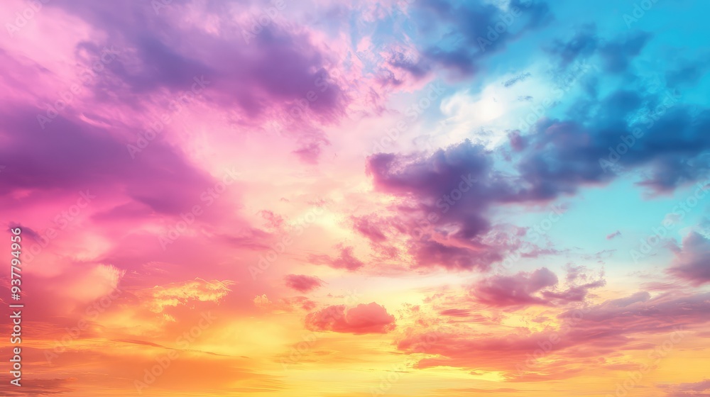 A colorful sky with prismatic clouds showcasing a gradient of hues from sunrise to sunset. A colorful sky with prismatic clouds showcasing a gradient of hues from sunrise to sunset.