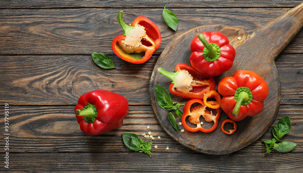 Top view colorful bell peppers on rustic wooden table, banner with copy space. Organic vegetables Top view colorful bell peppers on rustic wooden table, banner with copy space. Organic vegetables