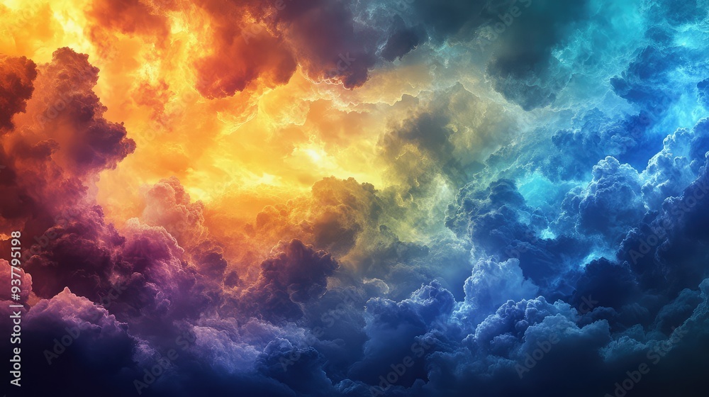 A dynamic display of prismatic clouds in a stormy sky, with intense colors and dramatic contrasts. A dynamic display of prismatic clouds in a stormy sky, with intense colors and dramatic contrasts.