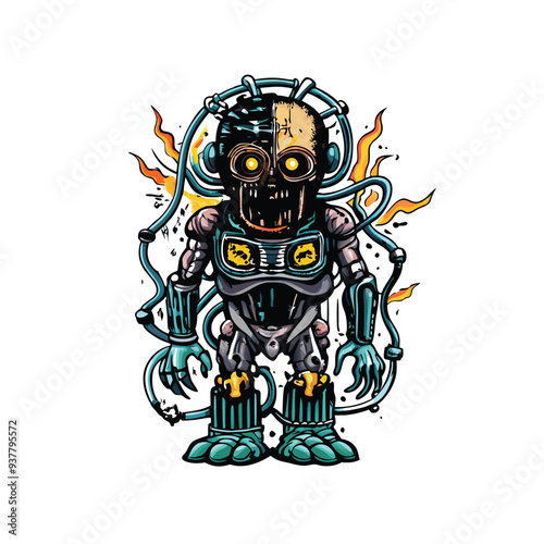 A terrifying mix of organic alien and mechanical, with glowing yellow eyes, a gaping maw, and a menacing expression.