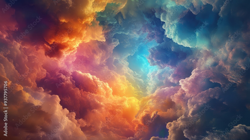 Fototapeta premium A sky filled with prismatic clouds displaying a dazzling array of colors, evoking a sense of wonder and awe.