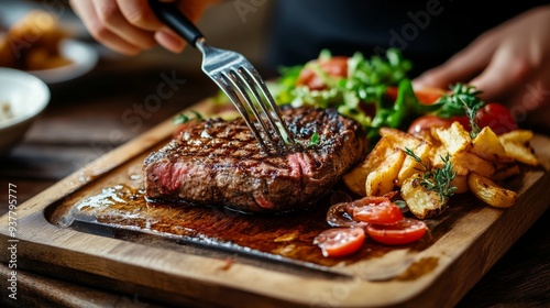 Eating in the restaurant, cutting a medium-rare grilled steak with a red wine jus, salad, and chips on a chopping board. photo