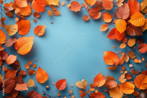 Autumn seasonal background frame with falling autumn leaves and room for text