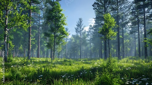 A serene forest landscape with lush greenery, tall trees, and soft sunlight filtering through the mist.