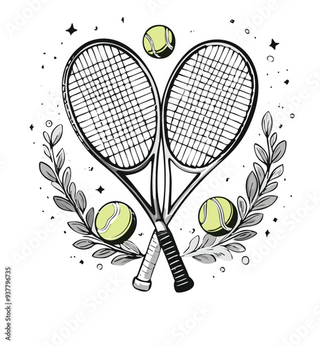 Tennis rackets and balls with coat of arms. 