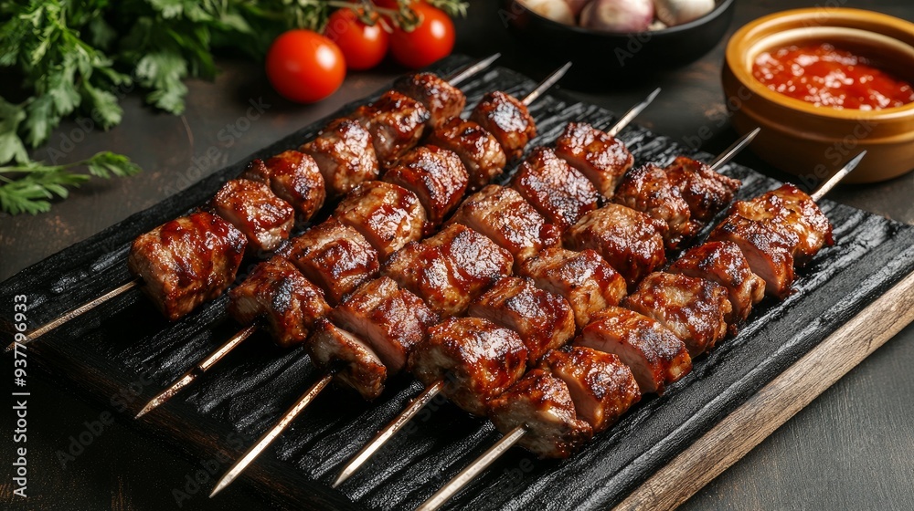 Shawarma skewers grilled and served with barbecue sauce Grilled meat with a smoke flavor. Beef, chicken flesh, and fat Shawarma skewers grilled and served with barbecue sauce Grilled meat with a smoke flavor. Beef, chicken flesh, and fat