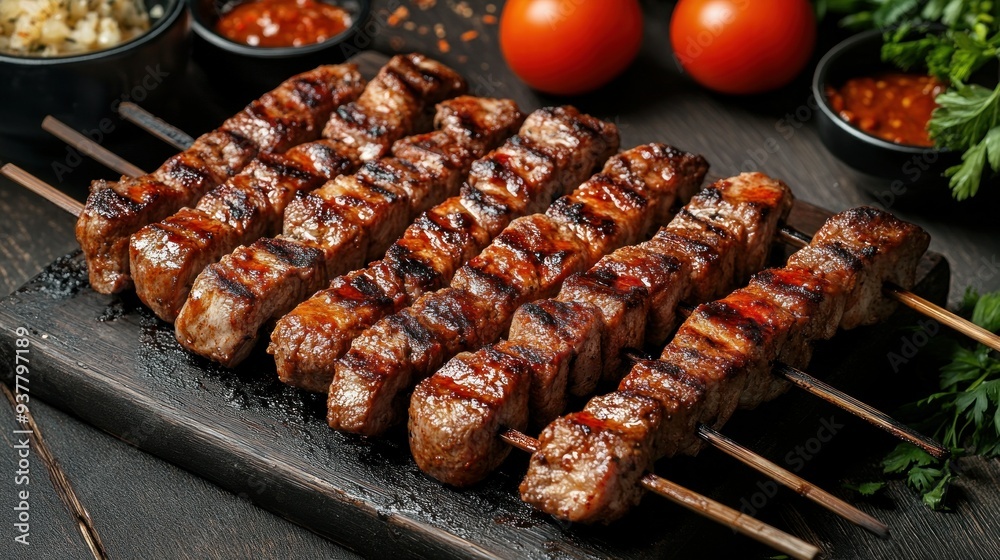 Shawarma skewers grilled and served with barbecue sauce Grilled meat with a smoke flavor. Beef, chicken flesh, and fat Shawarma skewers grilled and served with barbecue sauce Grilled meat with a smoke flavor. Beef, chicken flesh, and fat