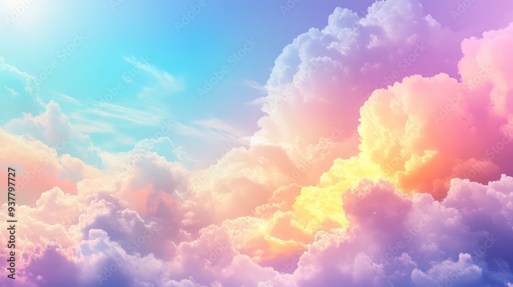 Soft, glowing prismatic clouds with a subtle gradient of colors, creating a calm and enchanting sky scene. Soft, glowing prismatic clouds with a subtle gradient of colors, creating a calm and enchanting sky scene.