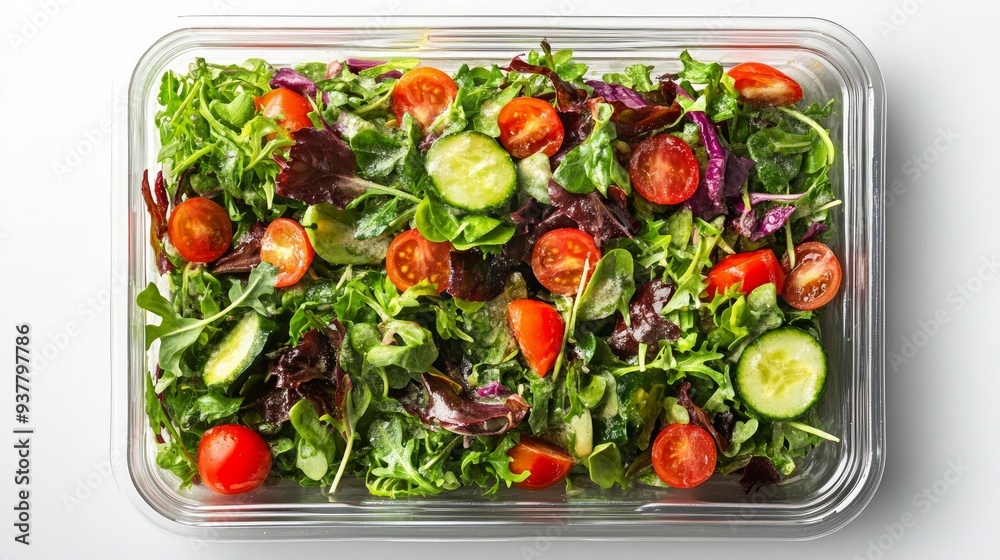 salad on a plastic delivery tray, top view, isolated photo salad on a plastic delivery tray, top view, isolated photo