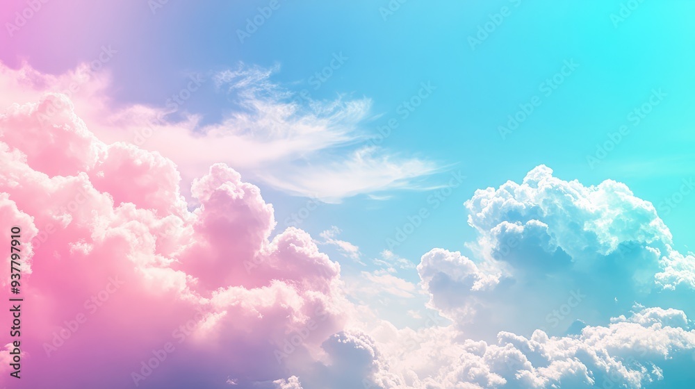 Soft, pastel-colored prismatic clouds drifting across a bright blue sky, creating a dreamy and light atmosphere. Soft, pastel-colored prismatic clouds drifting across a bright blue sky, creating a dreamy and light atmosphere.