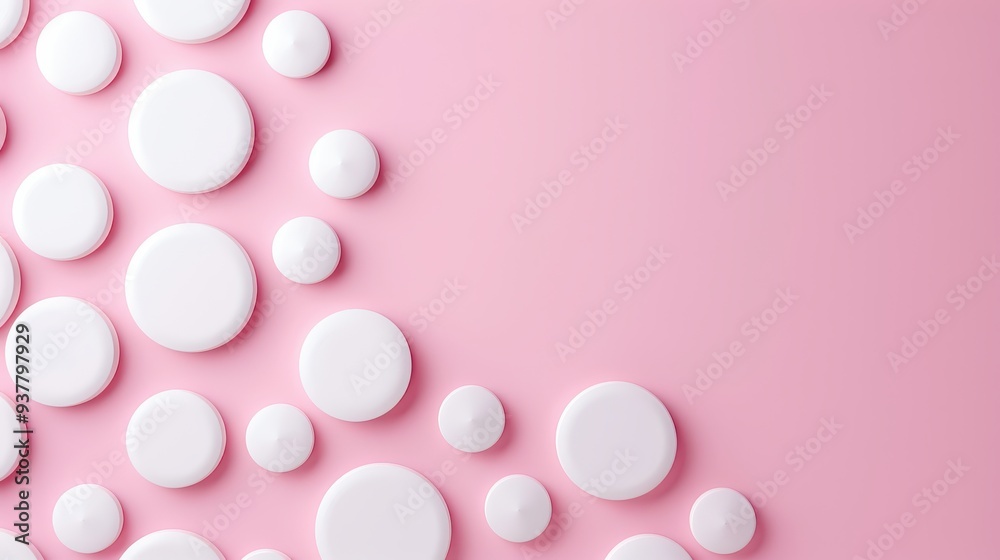 White circular shapes arranged on a soft pink background create a playful and modern aesthetic, ideal for minimalist design or product presentation. White circular shapes arranged on a soft pink background create a playful and modern aesthetic, ideal for minimalist design or product presentation.