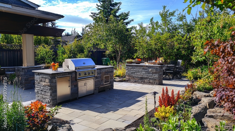Outdoor Kitchen Design with Stone Countertop and Grill - A modern ...