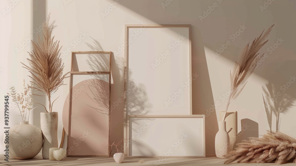 A white frame with a shadow on it sits on a table next to a vase A white frame with a shadow on it sits on a table next to a vase