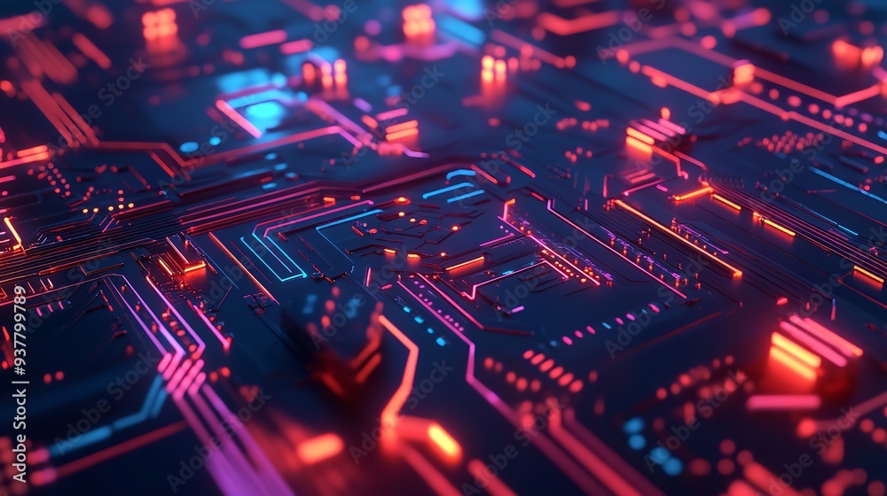 A vibrant circuit board glows with neon colors, showcasing intricate patterns and technology, illuminated under low light for a striking visual effect A vibrant circuit board glows with neon colors, showcasing intricate patterns and technology, illuminated under low light for a striking visual effect