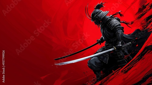 Stylized samurai with a demonic mask captured mid-attack with a glowing katana set against a vibrant red background copy space for text