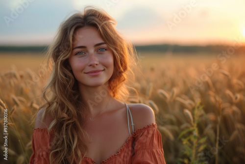 Smiling woman enjoying golden hour in flower field