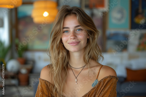 Young woman in cozy sweater with home interior background