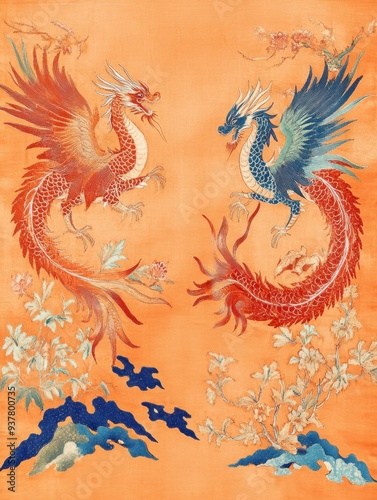 Red and Blue Chinese Dragons on Peach Background - Two Chinese dragons, one red and one blue, are facing each other, symbolizing duality, balance, and harmony. The dragons are intricately detailed, wi