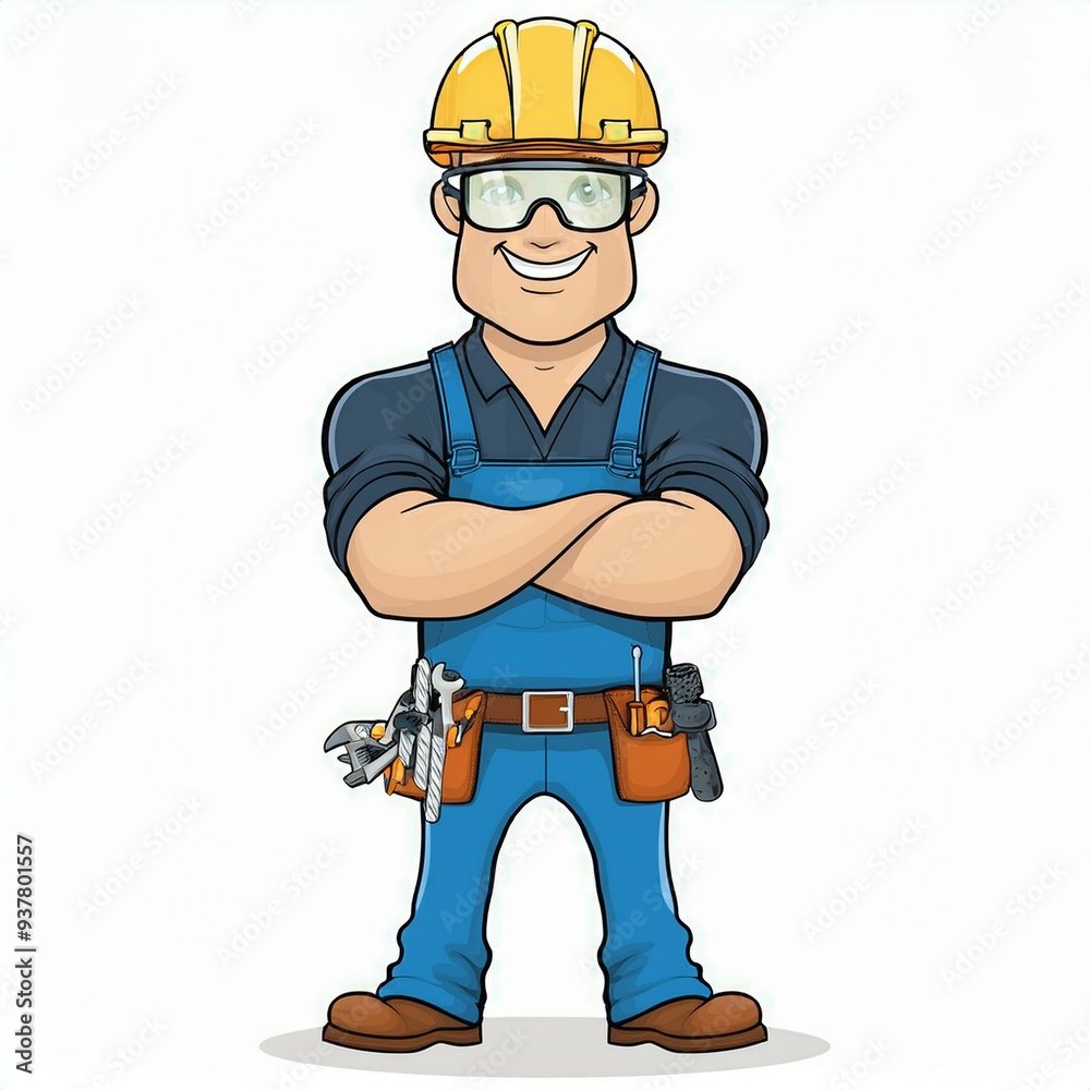 Handyman in bib overalls, hard hat and protective glasses with his arms over chest. Release clipping mask for full size. Vector cartoon character isolated on white background. Handyman in bib overalls, hard hat and protective glasses with his arms over chest. Release clipping mask for full size. Vector cartoon character isolated on white background.