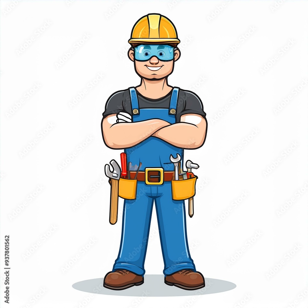 Handyman in bib overalls, hard hat and protective glasses with his arms over chest. Release clipping mask for full size. Vector cartoon character isolated on white background. Handyman in bib overalls, hard hat and protective glasses with his arms over chest. Release clipping mask for full size. Vector cartoon character isolated on white background.