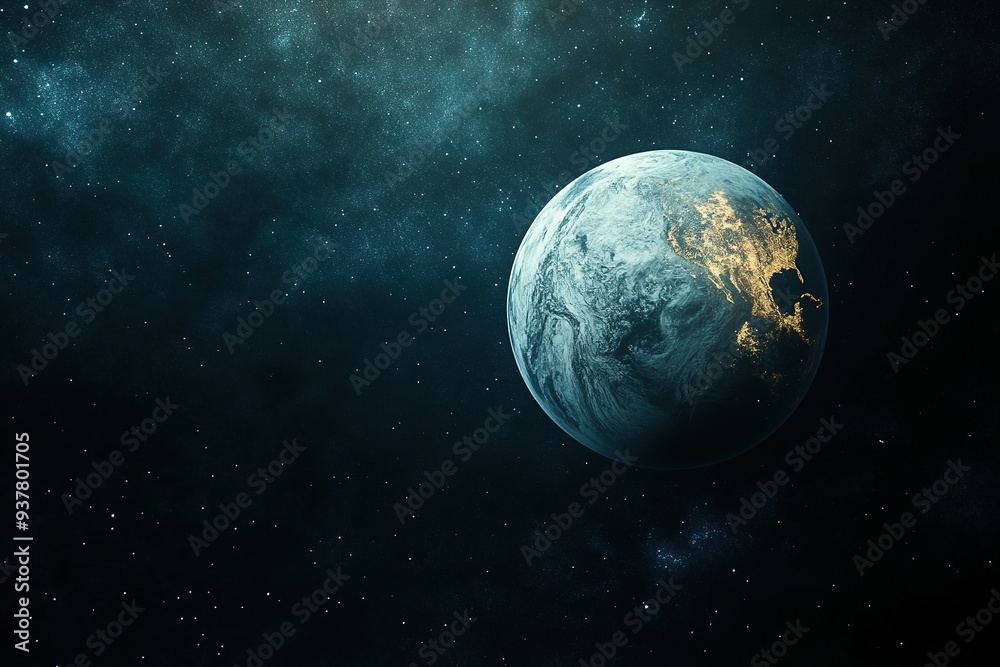 Earth in space with glowing city lights on dark side Earth in space with glowing city lights on dark side
