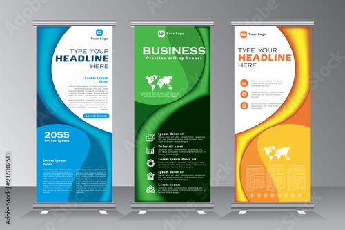 Roll up banner design template, Vertical Banner design template for business, modern x banner roll up design exhibition, roll up banner with blue, green and yellow colour, vector eps 10
